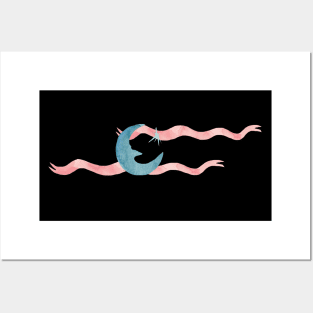 Moon with ribbon decor . Artsy watercolor illustration. Posters and Art